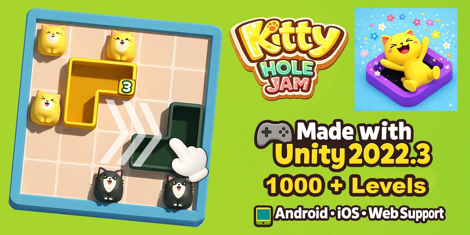 Kitty Hole Jam Unity Source Code – 1000+ Levels Premium Cat Puzzle Game source code